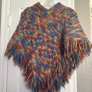 Colorful Multicolor Knit Fringe Poncho Shawl Boho Sweater Wrap